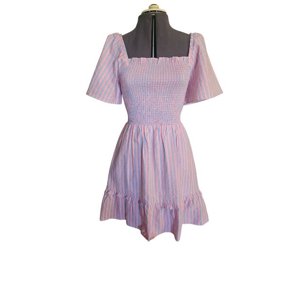 Draper James Pinstripe Fit & Flare Dress Puff Sleeve Ruffle Hem Blue & Pink Knee - Picture 1 of 12